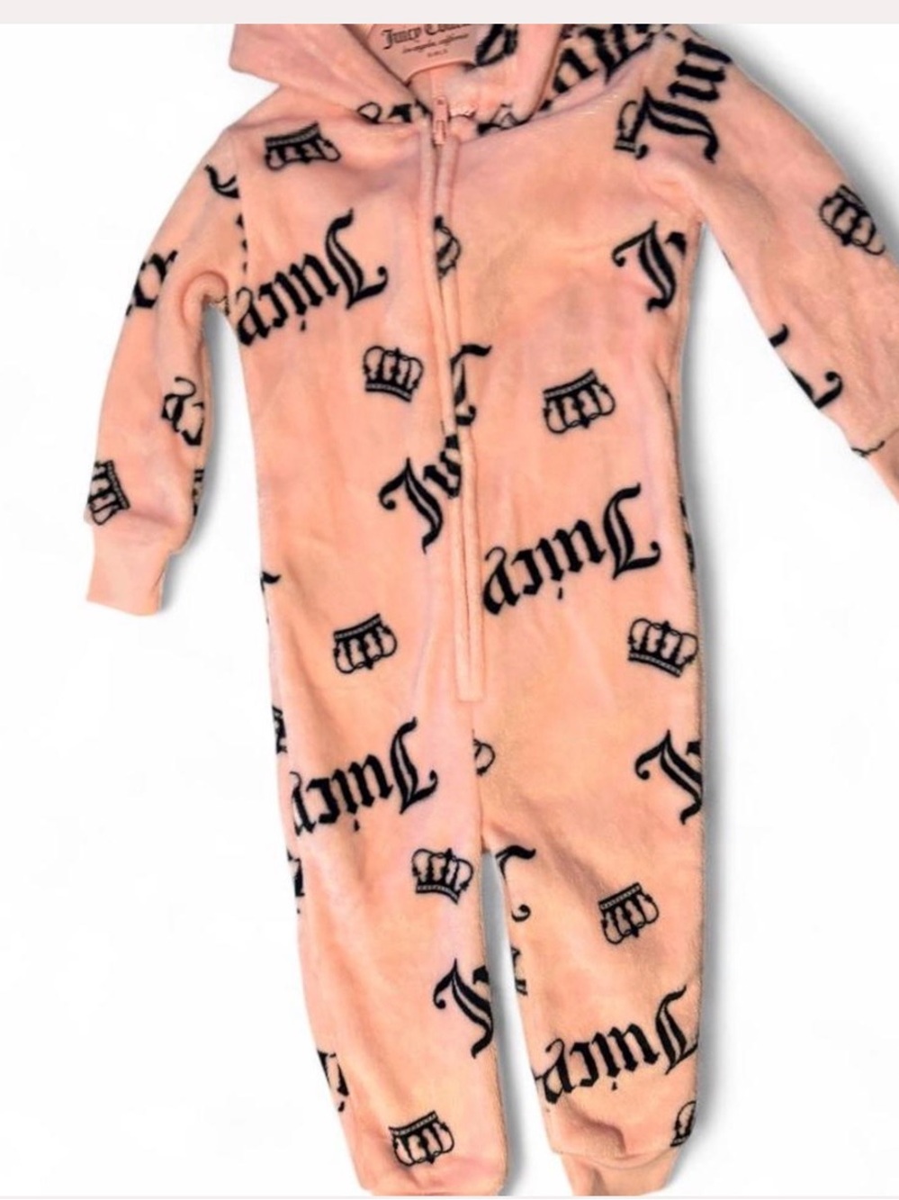 Juicy Couture Plush Pink Hooded Kids One-Piece Fleece Romper w Hood